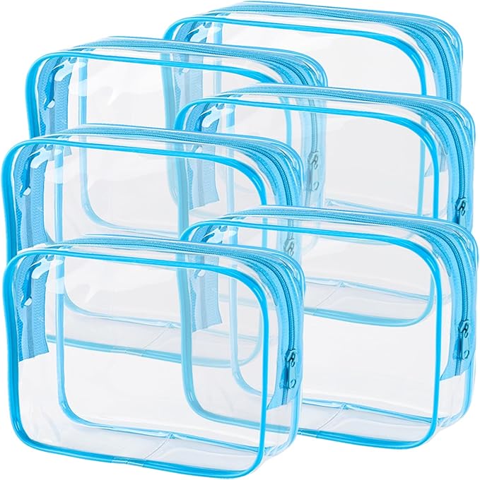 6 Pieces Large Clear Makeup Bags Bulk TSA Approved Toiletry Bag for Travel Transparent Clear Cosmetic Pouch with Zipper, Waterproof Plastic Organizer Case for Carry-on Travel Essentials (Blue)