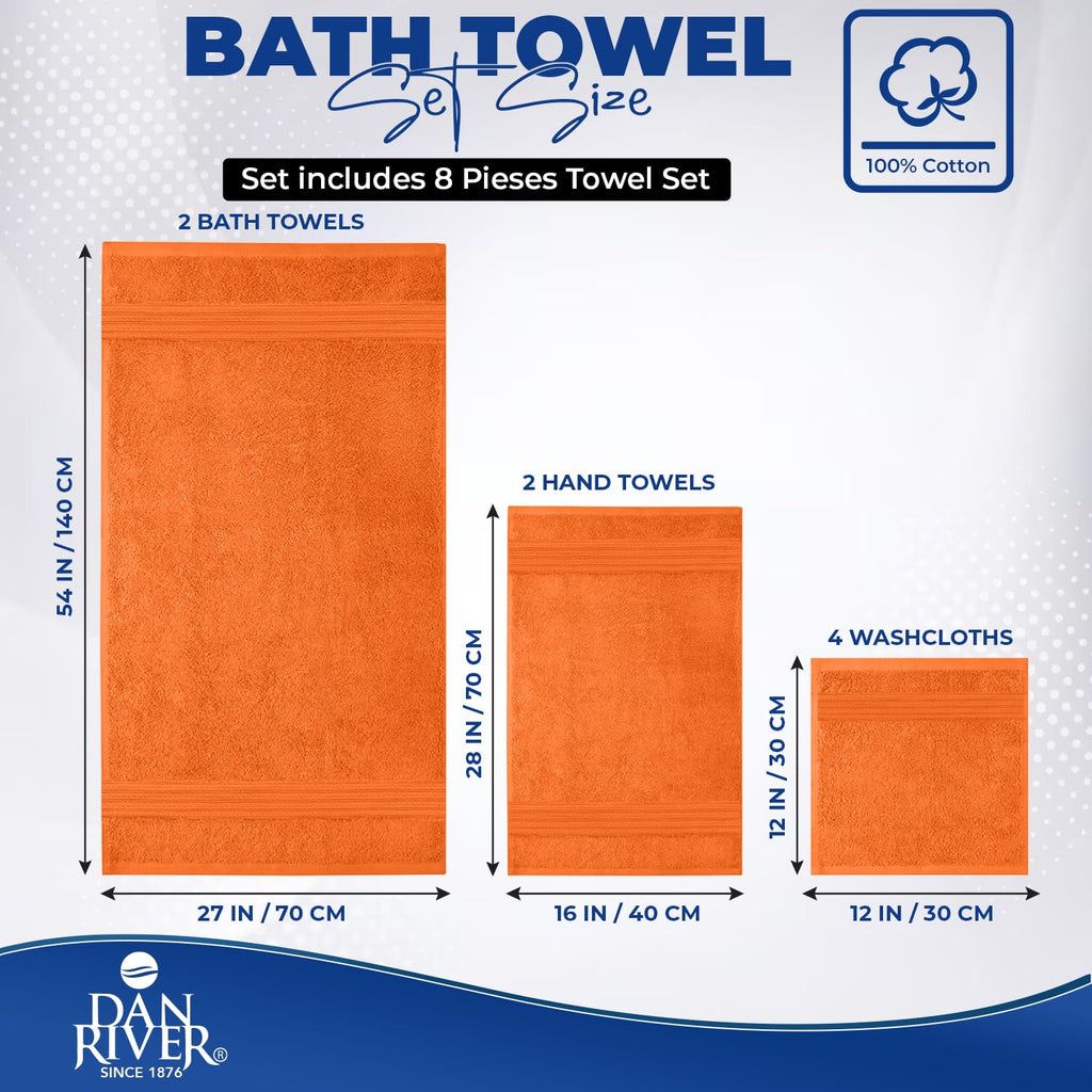 DAN RIVER 8 Piece Luxury Bath Towels for Bathroom, Towel Set, Orange