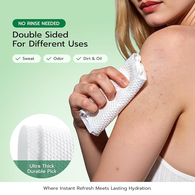 30 PCS Rinse-Free Body Wipes, Ultra Thick Shower Wipes for Skin, Disposable & Travel Essentials, Hypoallergenic, Green Tea & Aloe-Infused, XL Cleansing Wipes for Post Workout Cleanup & Elderly Hygiene