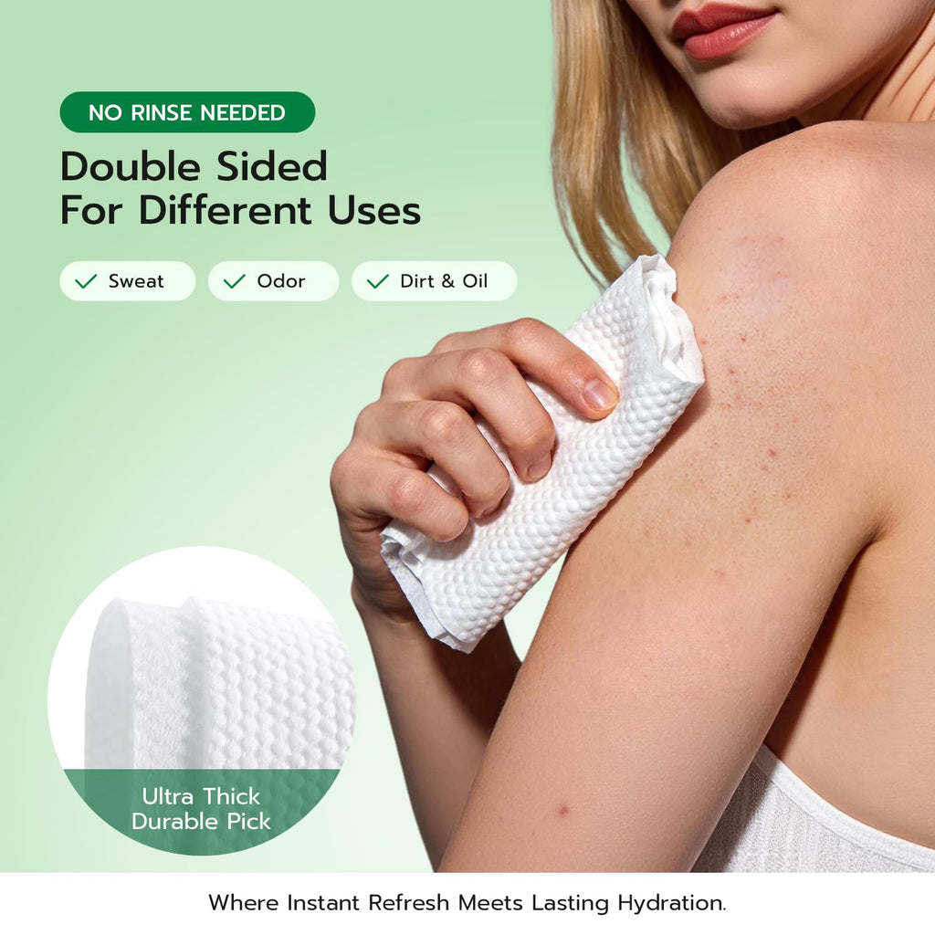 60 PCS Rinse-Free Body Wipes, Ultra Thick Shower Wipes for Skin, Disposable & Travel Essentials, Hypoallergenic, Green Tea & Aloe-Infused, XL Cleansing Wipes for Post Workout Cleanup & Elderly Hygiene