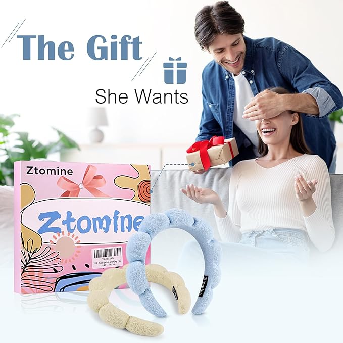 Ztomine Spa Terry Cloth Headband Combo Pack - 2 Puffy Makeup Facial Headbands for Face Washing and Masks (Beige + Blue)