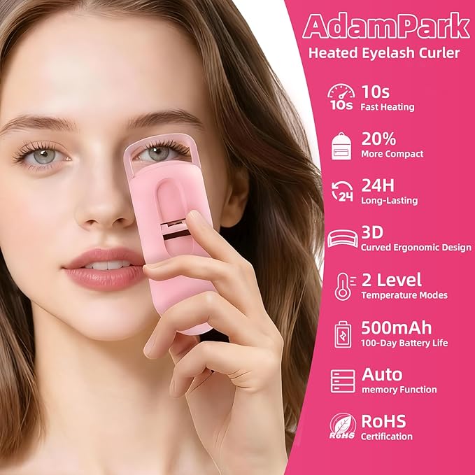 Heated Eyelash Curler, 10s Fast Heating Portable Electric Lash Curler, Type-C Rechargeable Travel Eye Lash Curlers with Anti-Scalding Silicone Pad, 2 Temp Modes & 24H Long Lasting Curves (Pink)