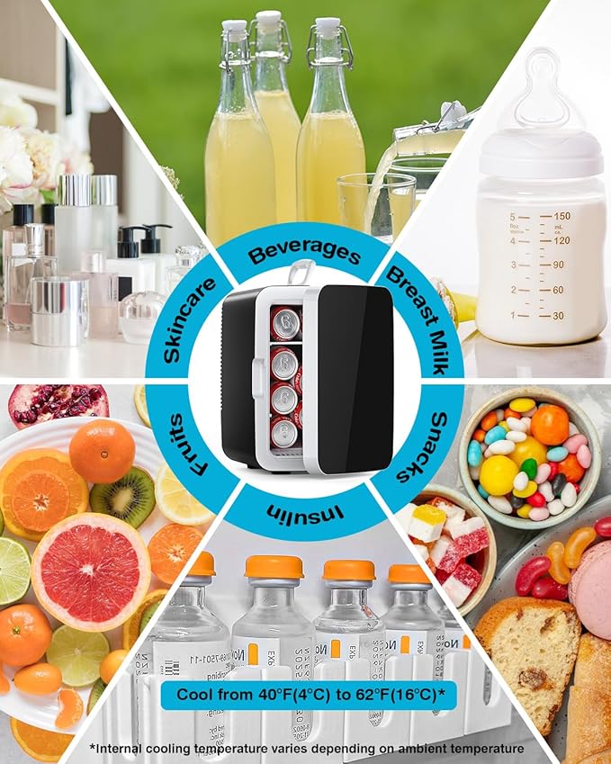 Electactic Compact Mini Fridge, Portable Small Refrigerator with AC/DC Adapters, 10 Liter / 2.6 Gal Small Cosmetics Cooler for Beverage, Food, Skincare, Bedroom, Office and Car, Black