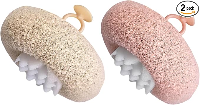 2Pcs Bath Sponge Shower Loofah, Exfoliating Body Scrubber, Upgrade Large 2-in-1 Sunflower Bath Ball with Suction Cup Non-Slip Handle, Bath Sponges for Men Women(Pink&Beige)