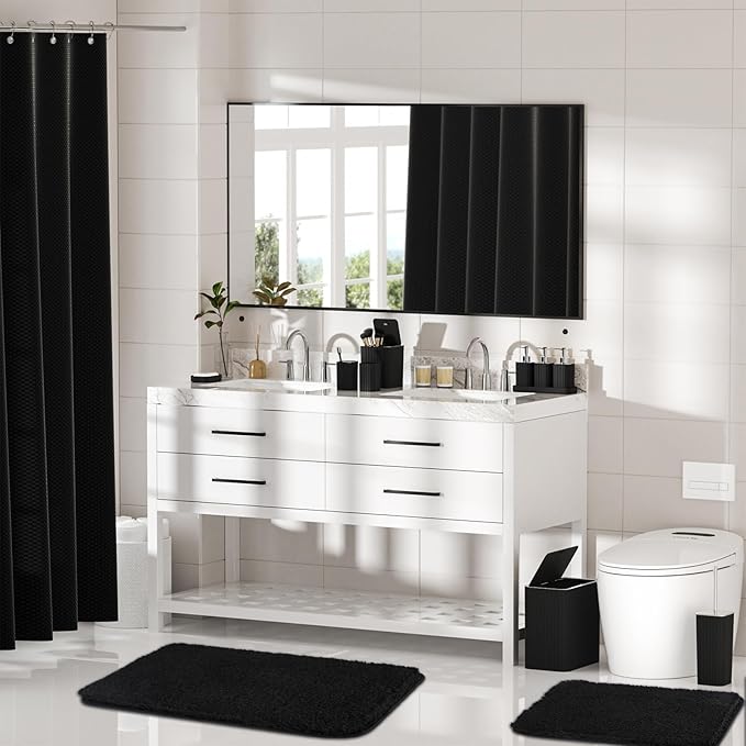 InnJoey Bathroom Accessory Set - Bathroom Set, 27PC Bathroom Accessories Set, Black Bathroom Sets with Shower Curtain and Rugs, Mini Trash Can, Toilet Brush, Trash Can & Soap Dispenser