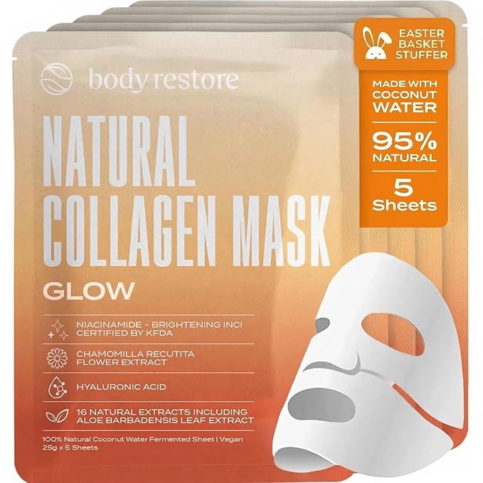 Body Restore Natural Collagen Face Mask – Fathers Day Gift for Dad, Hydrating Skin Care, Birthday Gifts for Women and Men, Self Care Spa Gifts – Glow 5 Pack