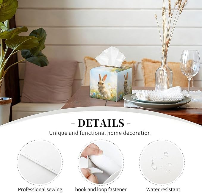 Buuny Tissue Box Cover Easter Leather Tissue Box Holder Square Facial Paper Organizer Dispenser for Bathroom Kitchen Bedroom Vanity Countertop Night Stands