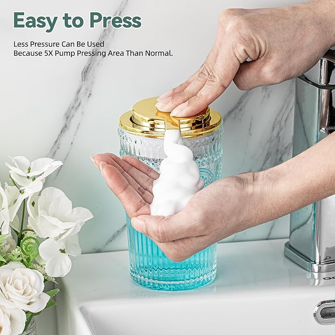 AZMOYAC Glass Foam Soap Dispenser, 8 Oz Face Wash Dispenser for Bathroom, Vintage Glass Clear Foaming Hand Soap Dispenser, Small Refillable Lotion Dish Dispenser for Kitchen (Golden-7 OZ)