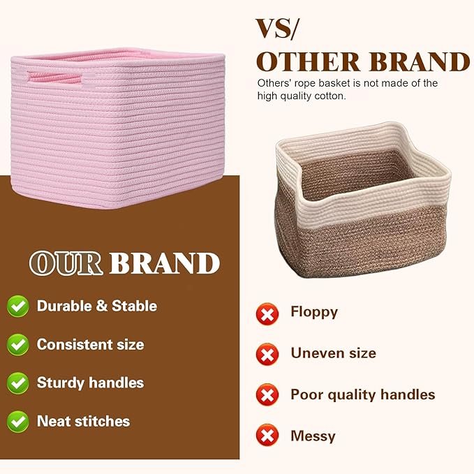 Storage Baskets for Organizing, 4 Pack Baskets for Shelves, Decorative Storage Bins for Shelves, Cotton Rope Storage Basket with Handles, Woven Basket for Storage, 13''Lx8.7''Wx7.9''H, Pink