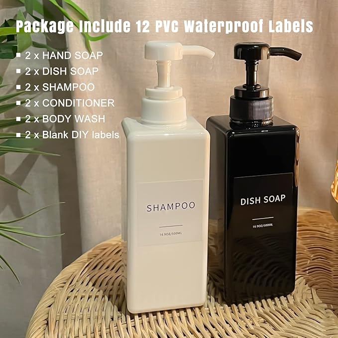 White Soap Dispenser with Waterproof Labels, Thickened Plastic Hand Soap Dispenser for Bathroom, Kitchen Dish Washing Liquid Bottles, Shampoo and Conditioner Bottles with Funnel (16oz 2Pack White)