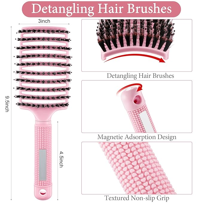 Zopeal 9 Pcs Detangling Brush Bulk Boar Bristle Hair Brushes Curved and Vented Detangler Hairbrush for Women Men Shiny Detangling Dry, Wet, Curly, Thick or Straight Long Blowing Hair Accessories