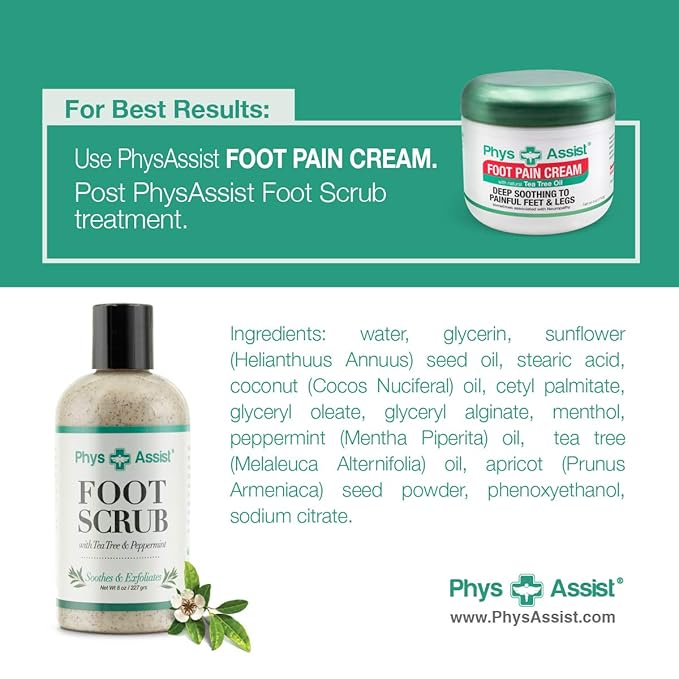 PhysAssist Foot Scrub – Exfoliating & Hydrating Foot Care Scrub for Dry, Rough Feet – Tea Tree, Peppermint & Apricot Seed Exfoliation – 8 oz Bottle