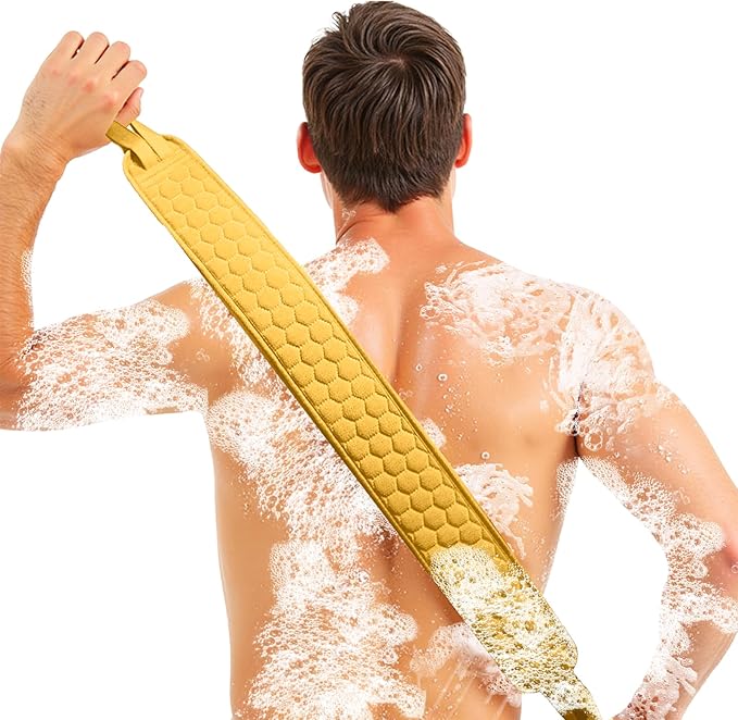XNXA Back Scrubber for Shower with Handles, 40 Inch Extra Long Double-Sided Exfoliating Bath Strap, Textured Body Washer with Extended Reach for Deep Cleaning (Yellow)