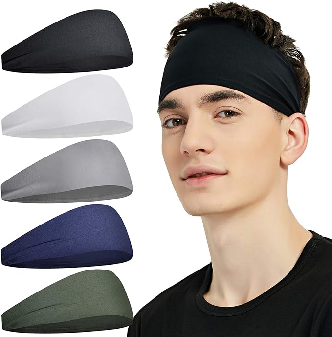 Pilamor Sports Headbands for Men (5 Pack),Moisture Wicking Workout Headband, Sweatband Headbands for Running,Cycling,Football, Yoga,Hairband for Women and Men(Gray, Green, White, Blue, Black)