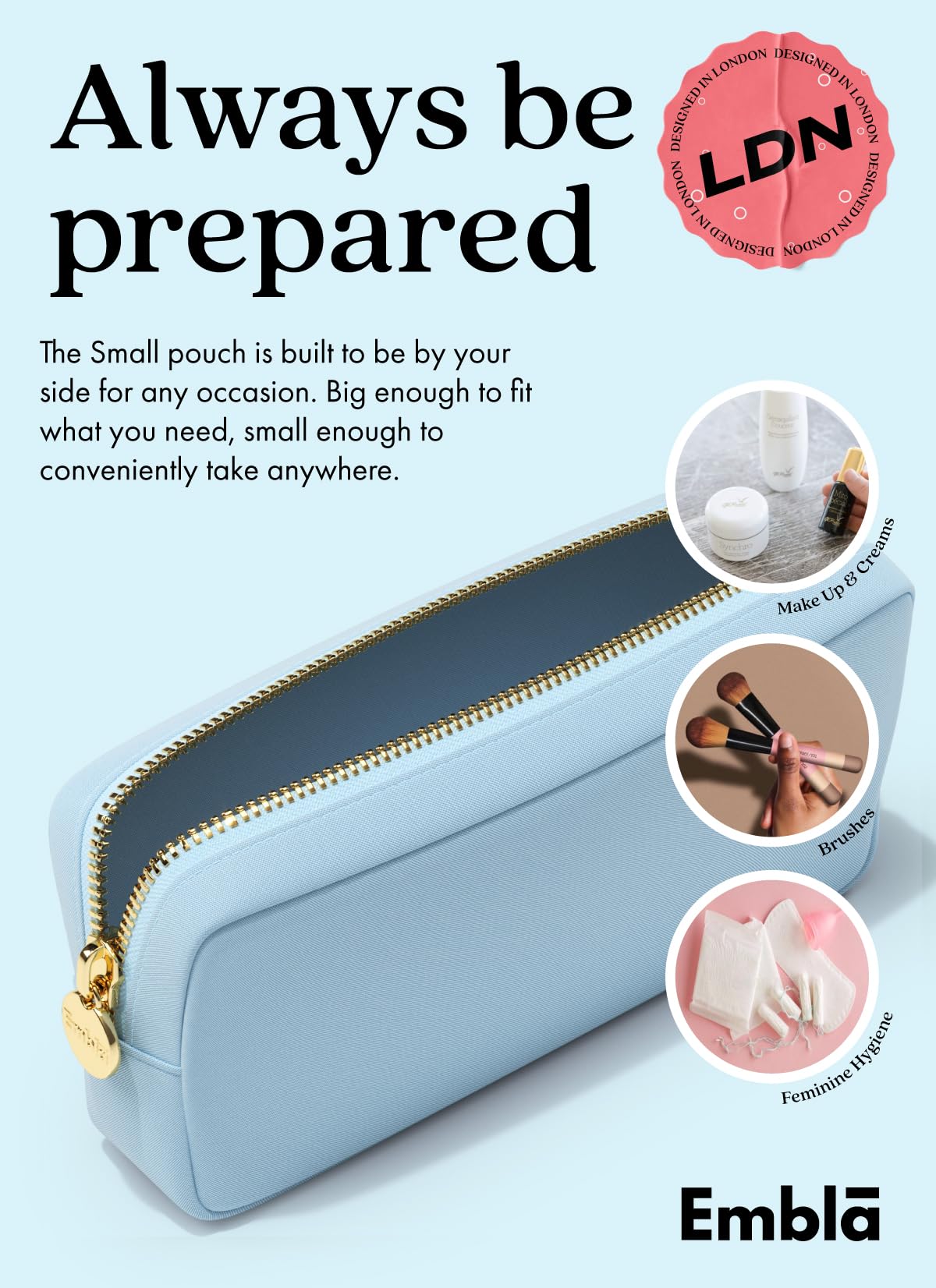 Embla Makeup Bag Travel Cosmetics Pouch and Toiletry Bag, Nylon Zipper Pouch Purse, Cute Make Up Organizer Storage Tote for Women Girls, Waterproof Travel Skincare Case, Small Makeup Bags, Sky Blue