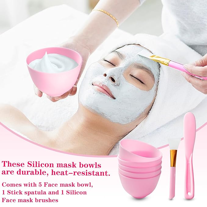 7Pcs Silicone Facial Mask Bowl DIY Face Mask Mixing Bowl for Home Salon Spa Face Skin Applicator Bowl, Pink
