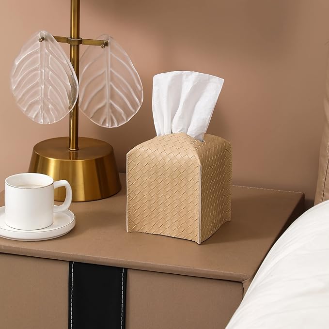 Tissue Box Cover PU Leather Tissue Holder Square Facial Tissue Case Facial Paper Organizer Dispenser for Bathroom, Vanity Countertop, Tabletop, Car, Rice Apricot