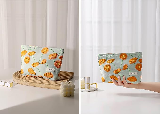 getgto 2 Pcs Makeup Bags, Large Cosmetic Bag Travel Toiletry Bag Organizer for Women, Embroidery Craft, Floral Makeup Bag Small Cosmetic Pouch Purse with Zipper Gifts for Girls Teen