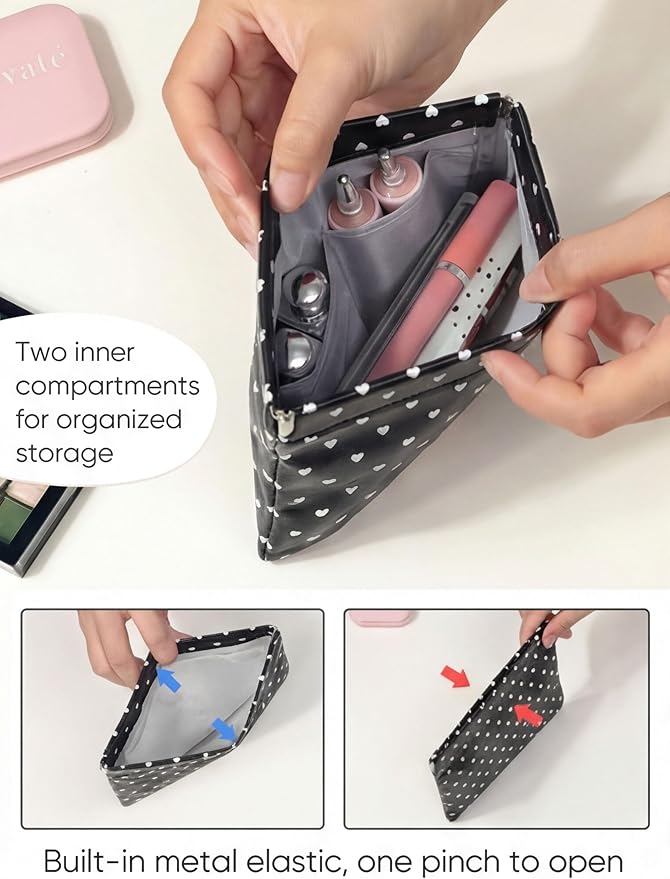 Ksriylm Dots Leather Makeup Pouch Set for Women Small Make Up Bag for Purse Waterproof Initial Makeup Cosmetic Bags Pouches for Purse Aesthetic Travel Toiletry Bag,Heart Black