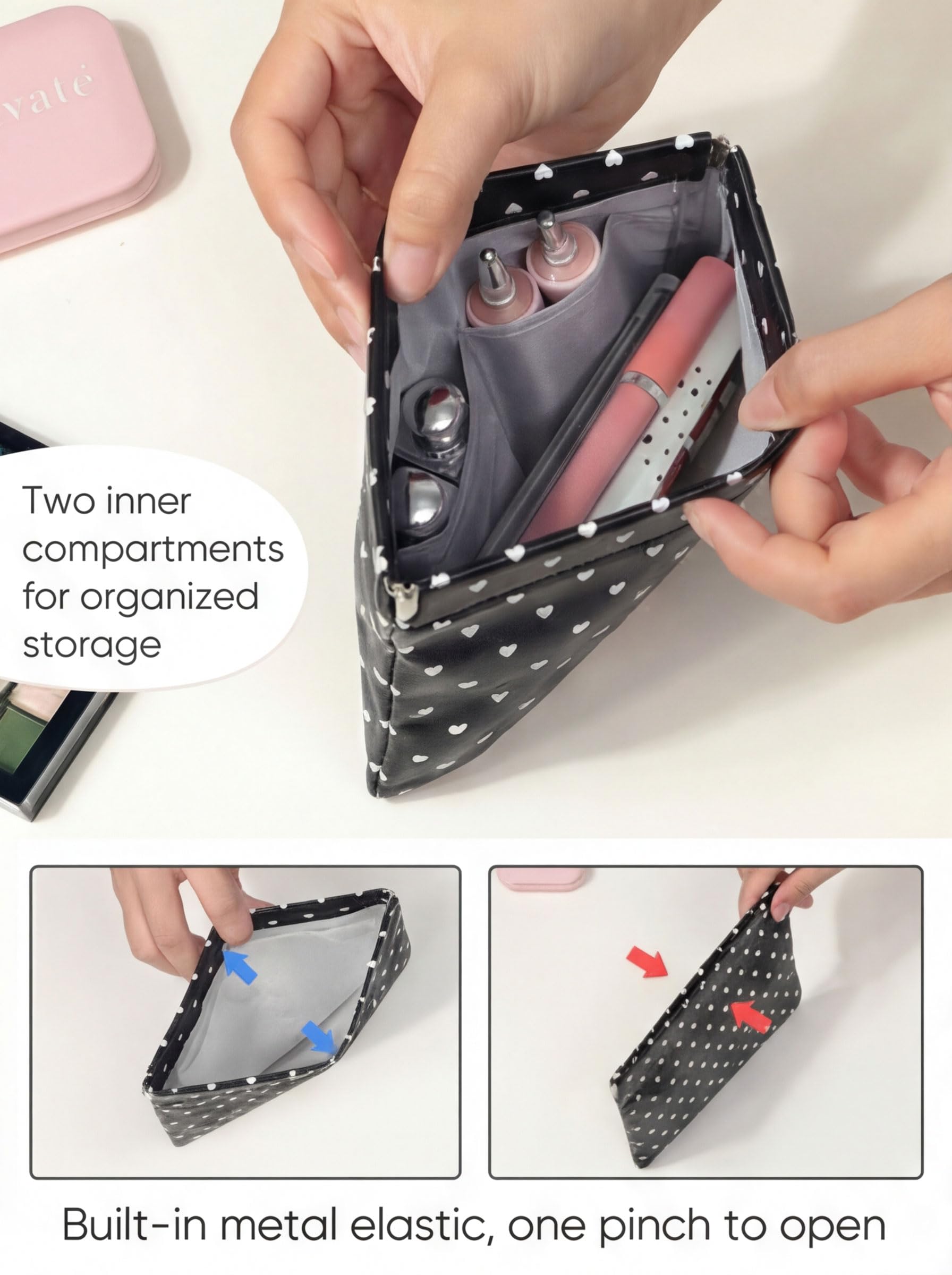 Ksriylm Dots Leather Makeup Pouch Set for Women Small Make Up Bag for Purse Waterproof Initial Makeup Cosmetic Bags Pouches for Purse Aesthetic Travel Toiletry Bag,Heart Black