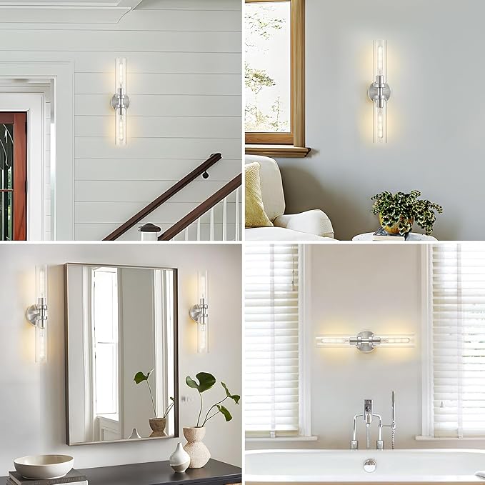 2-Light Brushed Nickel Bathroom Light Fixtures Over Mirror Modern Vanity Light Wall Lighting with Clear Glass Shade for Bathroom, Bedroom, Hallway, Cabinet