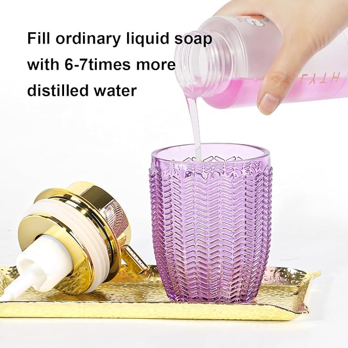 Purple Foaming Soap Dispenser, Glass Foam Hand Soap Dispenser with Gold Pump, Bathroom 10 Oz Refillable Liquid Lotion Pump Container Barrel Shape Bottle for Kitchen Countertop Decor
