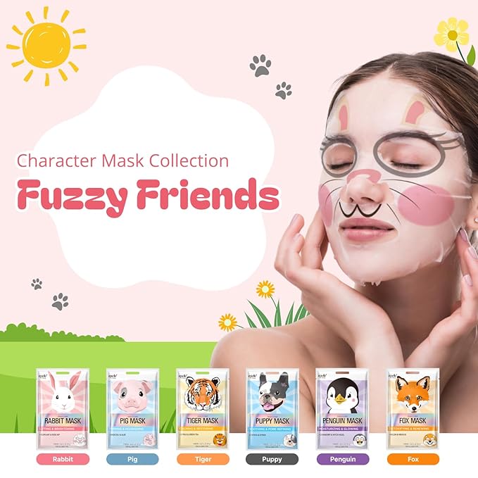 Epielle Character Face Mask Fuzzy Friends 12 Pack, Fun & Effective Korean Skin Care, Spa Party Favors, Birthday Gifts for Women, Self Care Gifts
