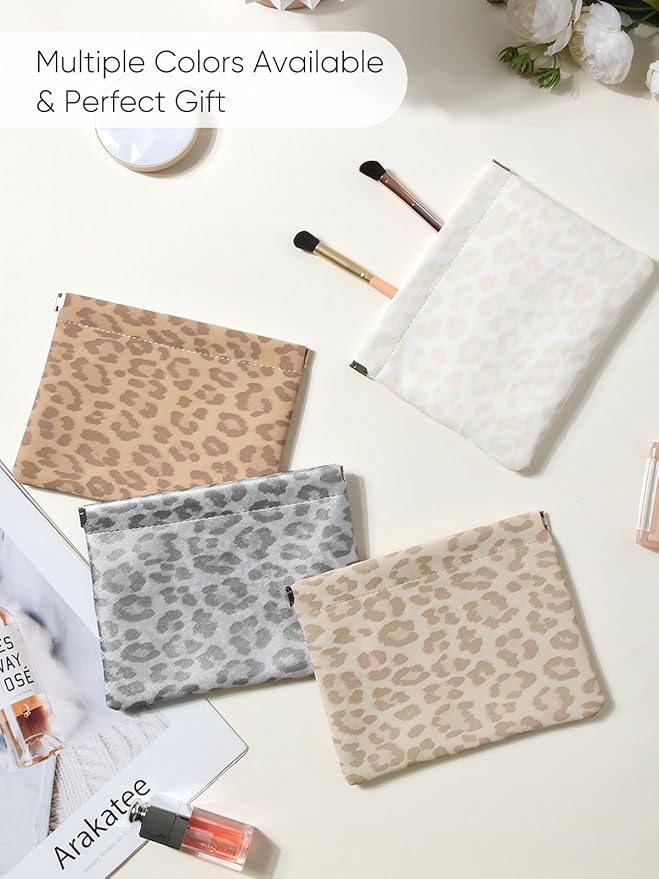 Ksriylm Leopard Leather Small Makeup Pouch for Women,Cosmetic Accessories,Waterproof and Portable Cosmetic Bag,Self-closing, No Zipper, Aesthetic Storage Pouch,Lipstick for Purse,Light Yellow