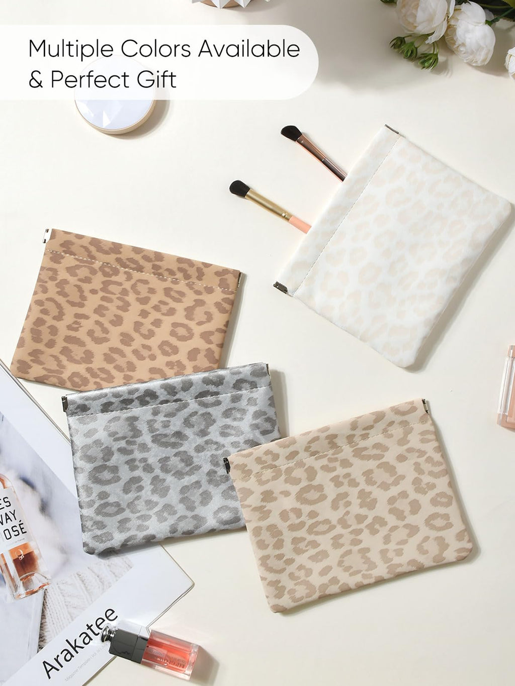 Ksriylm Leopard Leather Small Makeup Pouch for Women,Cosmetic Accessories,Waterproof and Portable Cosmetic Bag,Self-closing, No Zipper, Aesthetic Storage Pouch,Lipstick for Purse,Light Yellow