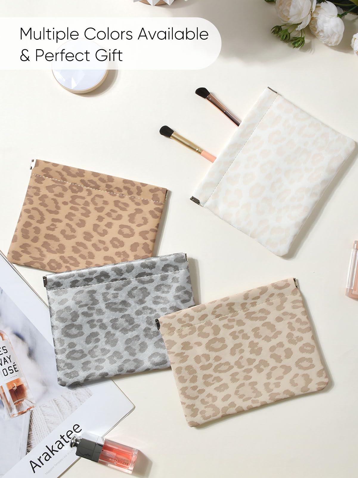 Ksriylm Leopard Leather Small Makeup Pouch for Women,Cosmetic Accessories,Waterproof and Portable Cosmetic Bag,Self-closing, No Zipper, Aesthetic Storage Pouch,Lipstick for Purse,Light Yellow