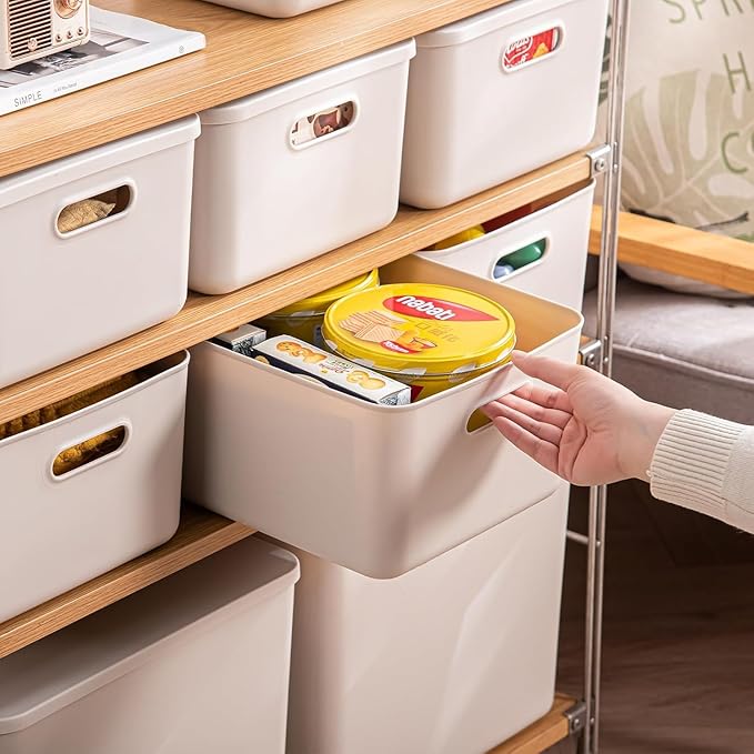 Ytteve Light Grey 2-Pack Large Plastic Storage Bins with Handles, 14.2" x 10" x 6.3" Stackable Organizer Containers for Kitchen Pantry, Closet, Bathroom, Office & Cabinet Drawers