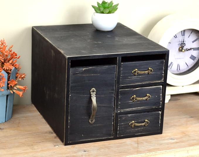 Juleduo Rustic Beauty Organizer 4 Drawers - kitchen storage Wooden Cosmetic Storage Box for Neat & Home Office Desk &Organize &Storing of Makeup Tools,Bathroom Counter-top(Black, L)