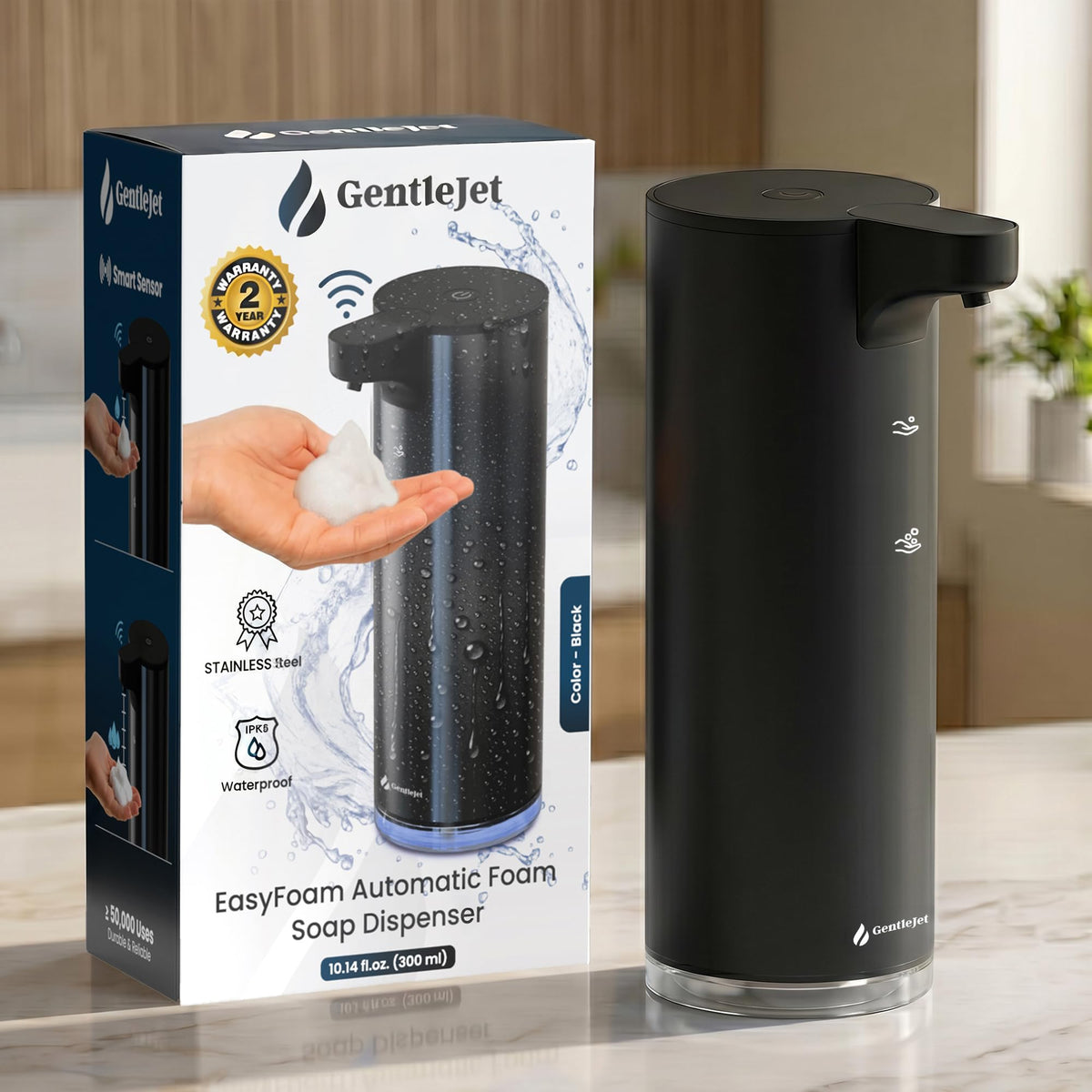GentleJet EasyFoam Automatic Foaming Soap Dispenser, Touchless USB-C Rechargeable Sensor Pump, 304 Stainless Steel, Adjustable Foam, IPX5 Water-Resistant for Bathroom & Kitchen, 10 fl oz / 300 mL
