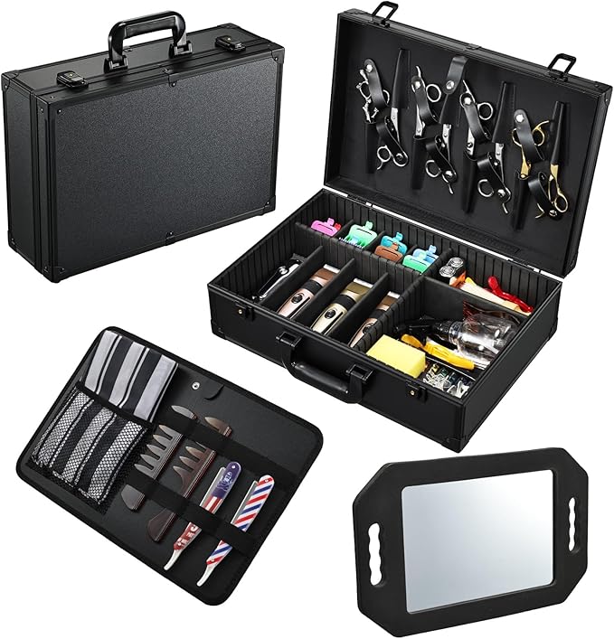 Yueieoun Barber Accessory Case with Mirror, Profesional Barbers Briefcase Tool Case, Barber Cases for Clippers and Supplies, Hair Scissors Trimmer Organizer, Salon Grooming Hard Travel Suitcase