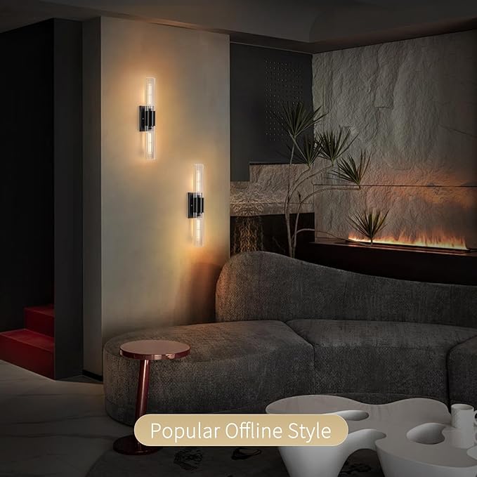 21" Bathroom Vanity Sconces Set of 2, Black Hardwired Wall Sconces Set of Two with Threaded Glass Shade, Modern Up Down Wall Decor Set of 2 for Bathroom Living Room Bedroom Hallway-Bulb Not Included ﻿