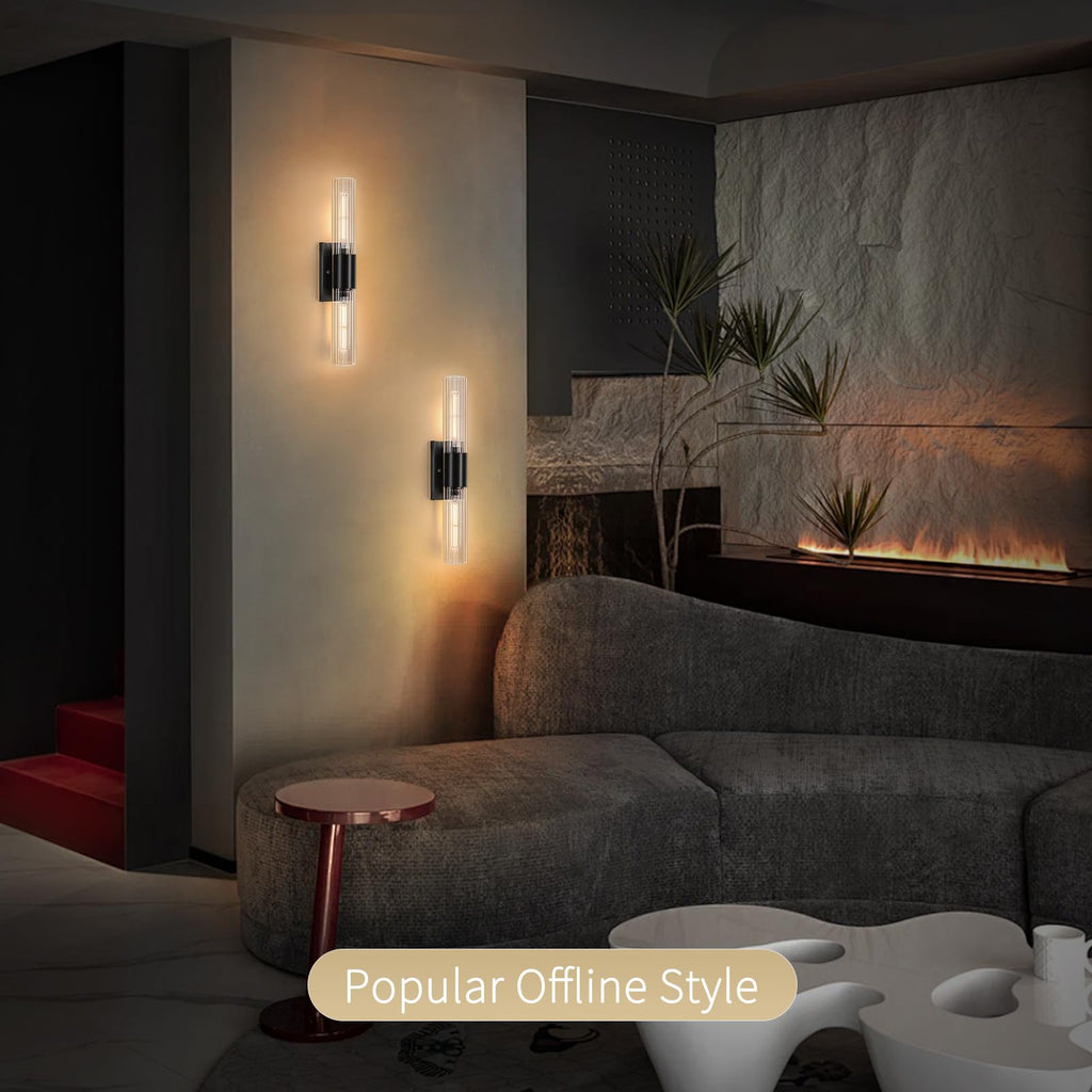 21" Bathroom Vanity Sconces Set of 2, Black Hardwired Wall Sconces Set of Two with Threaded Glass Shade, Modern Up Down Wall Decor Set of 2 for Bathroom Living Room Bedroom Hallway-Bulb Not Included