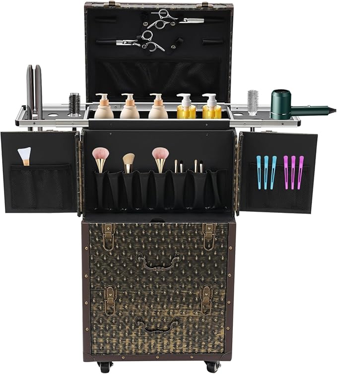 SuiYuLn Lockable Makeup Train Case,55.1lbs Rolling Hairdressing Trolley,Beauty Salon Cosmetic Luggage with Universal Wheels for Hair Stylist,Make-up Artists (Brown)