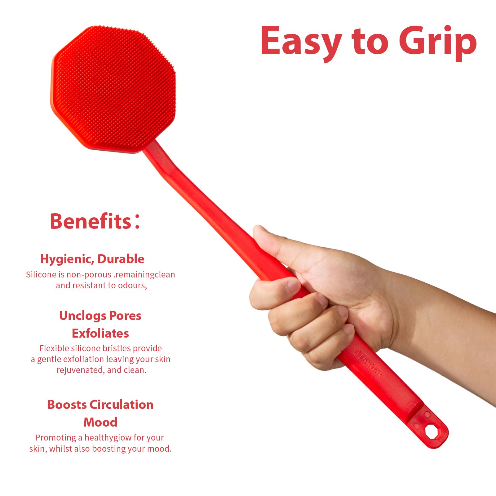 iTOKGOK Silver-Infused Silicone Back Scrubber with Long Handle Back Brush for Shower,Back Scrubber Body Exfoliator Scrubber for All Skin Type and Sensitive Skin - for Men and Women - Red