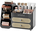 UFORU Makeup Organizer for Vanity with Brush Holder, Large Capacity Bathroom Countertop Skincare Organizer with 2 Drawers, Cosmetic Display Case for Perfumes, Eyeshadow Palettes, Nail Polishes