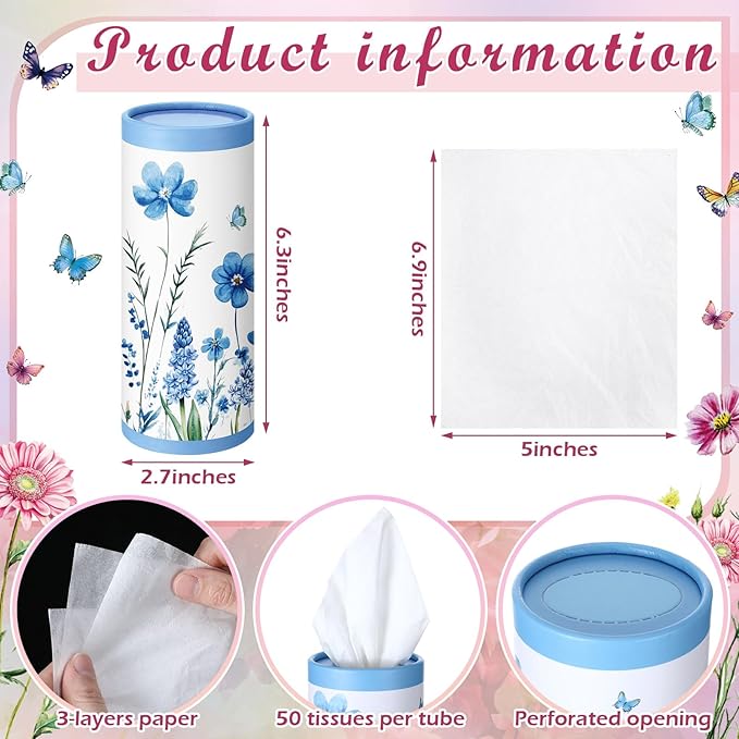 Fourluoo 12 Pack Car Tissue Cylinder Holder Bulk with 3 Ply Facial Tissues, Round Napkin Holders for Car Cup Holder Cylinder Travel Paper Tubes Bulk Round Napkin Boxes Packs(Classic Flower)