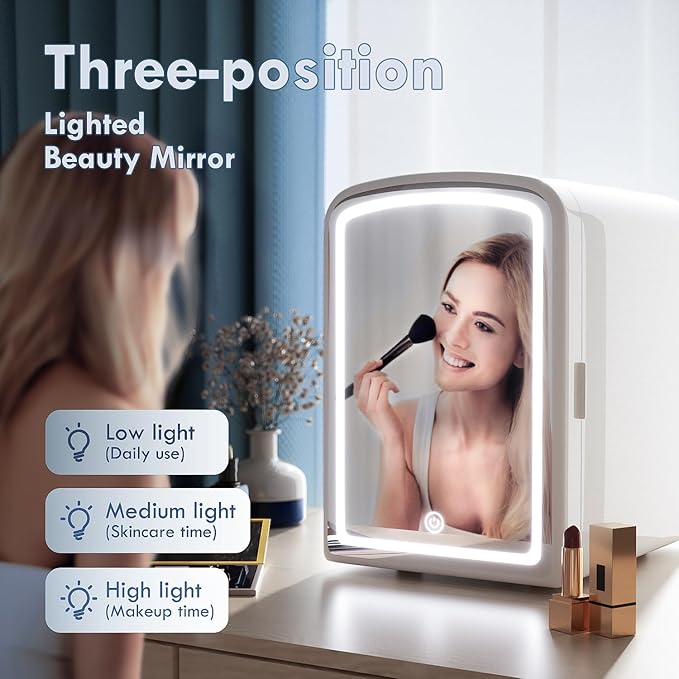 COYCYQI 4L Mini Skincare Fridge with Dimmable LED Mirror, Portable Beauty Refrigerator for Makeup, Cosmetic, Personal Small Refrigerator with Cooler and Warmer for Bedroom, Office and Car(Pearl White)