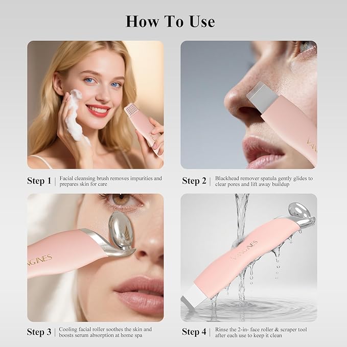 Vangines Blackhead Remover Tool with Ice Roller, Stainless Steel Face Scraper, Skin Scrubber Face Spatula for Deep Cleansing, 3-in-1 Skin Care Tool with 2 Silicone Brush Heads(Dusty Rose)