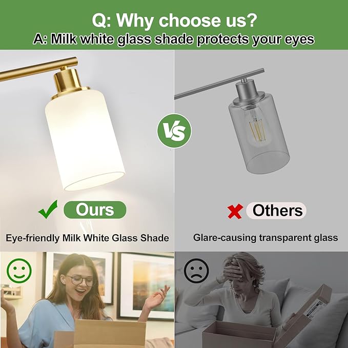 Zarbitta 4-Light Bathroom Light Fixtures, Brushed Gold Modern Vanity Lights with Milky White Frosted Glass Shades, Bathroom Wall Lamp for Mirror Kitchen Living Room