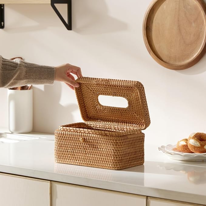 Rattan Rectangular Tissue Box Cover, 10.8" x 6.7" x 5.5", Decorative Woven Facial Tissue Holder with Hinged Top Lid, Fits Up to 180 Sheets, Natural Color