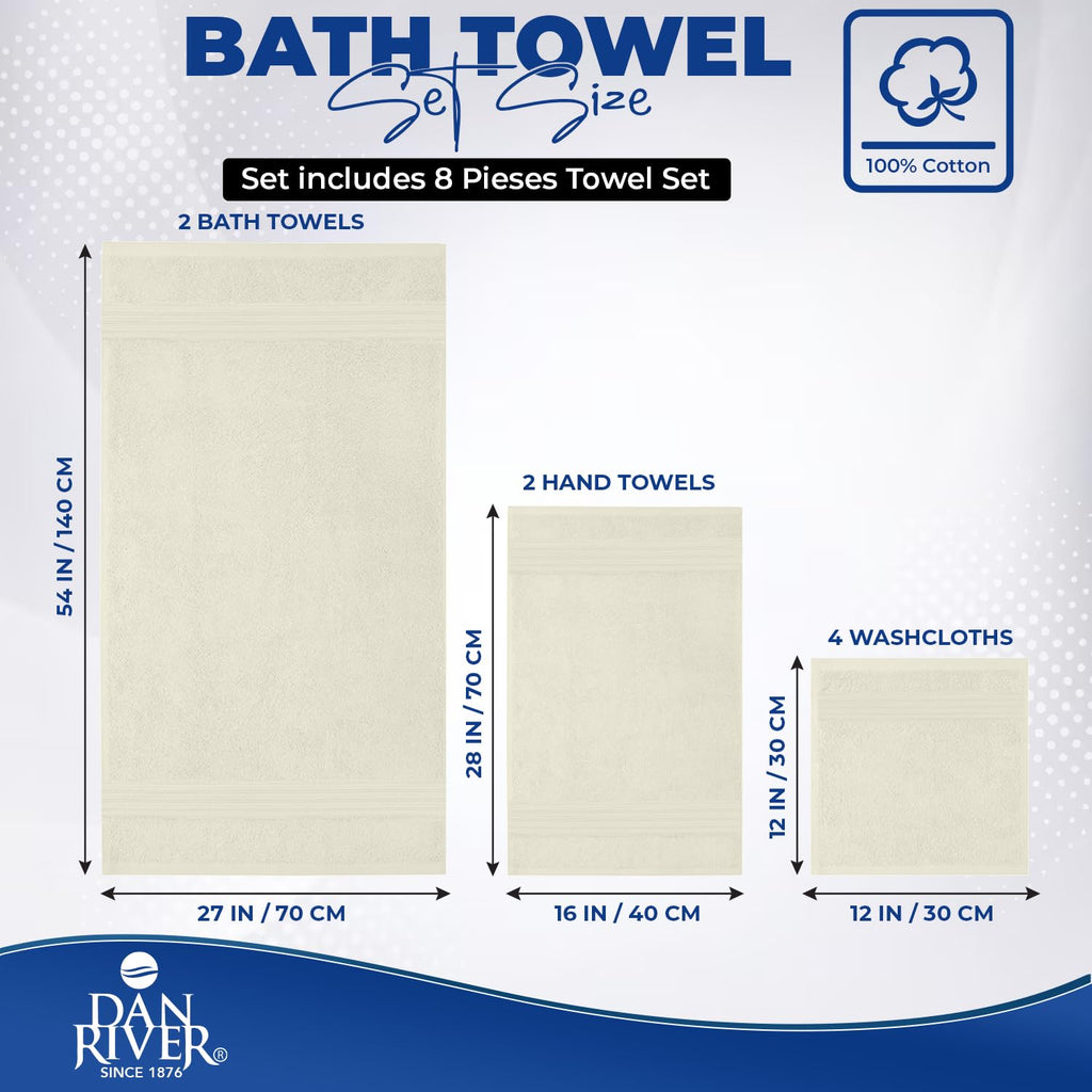 DAN RIVER 8 Piece Luxury Bath Towels for Bathroom, Towel Set, Ivory
