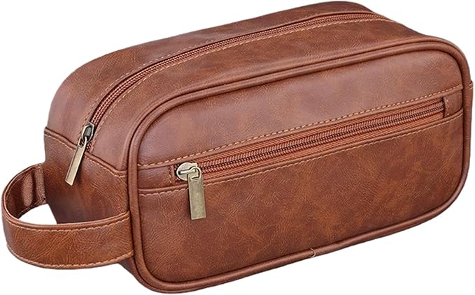 Men’s Toiletry Bag - Vintage PU Leather Kit for Travel - Water-Resistant Shaving Bag,Compact Pouch Gift for Husband, Dad (Khaki)