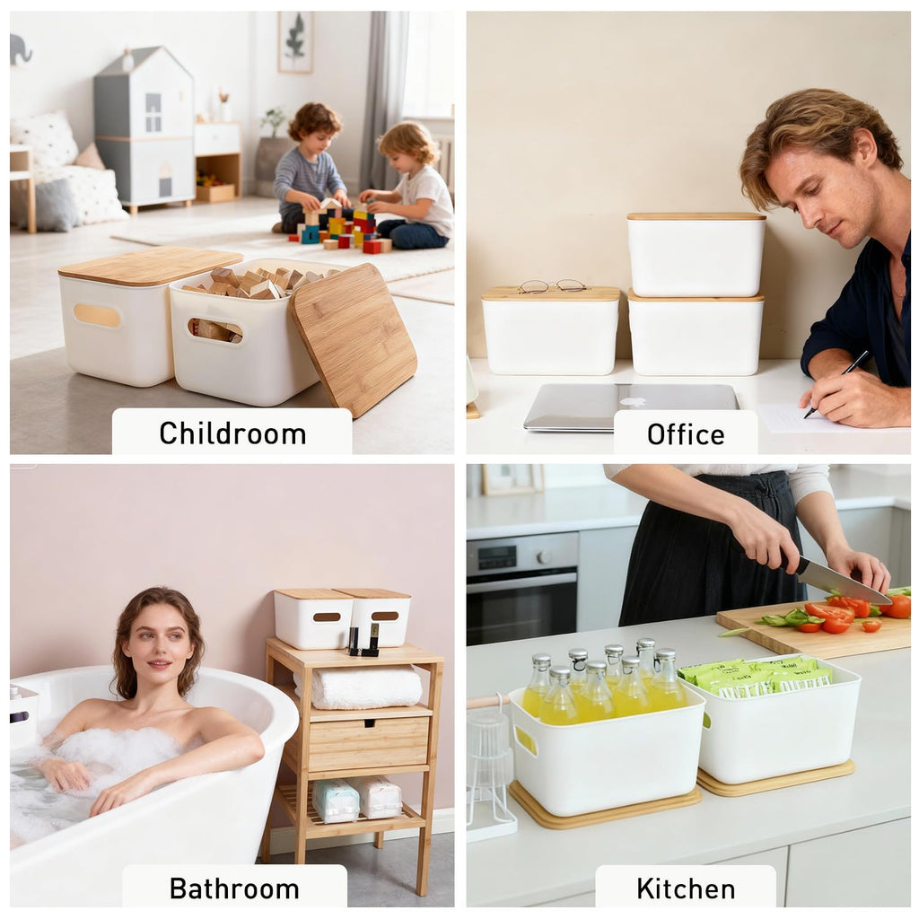 Citylife Storage Bins with Bamboo Lids 7QT Plastic Storage Containers Stackable Organizer Boxes with Handle for Desk Snacks, Toys, 4 PCS, 10" L x 7" W x 5.8" H