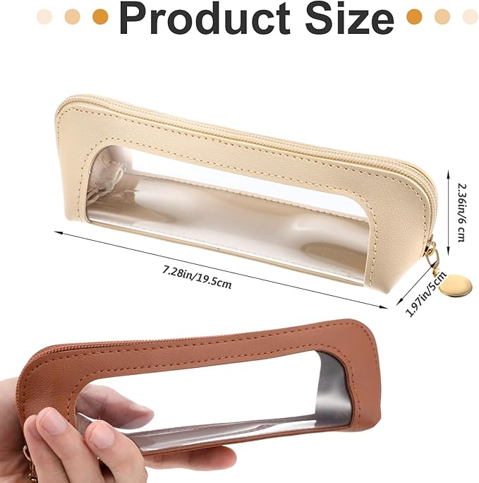 Kifmurase 2Pcs Clear Makeup Brush Bag, Leather Slim Makeup Case, Portable Transparent Waterproof Cosmetic Pouch with Zipper, Double Sided Clear Bag for Women Travel Storage (White, Brown)
