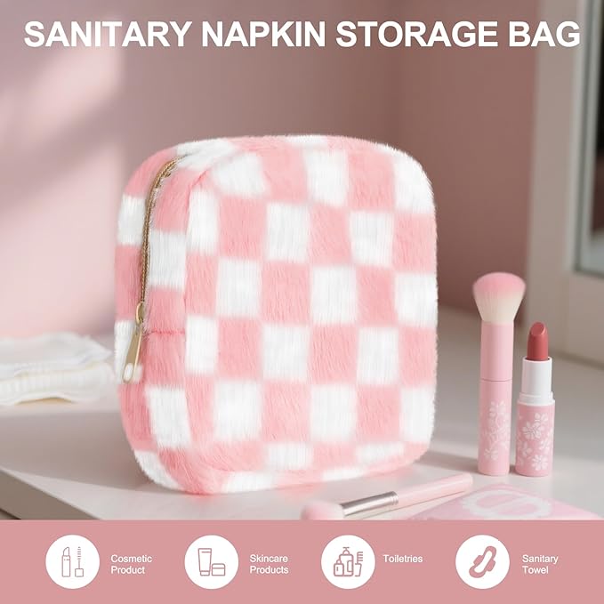 CekPo Sanitary Napkin Storage Bag, Zipper Period Bag, Checkered Portable Menstrual Pad Bag Panty Liners, Tampon Storage Pouch for Women Ladies Daily Use Storage Purse Travel