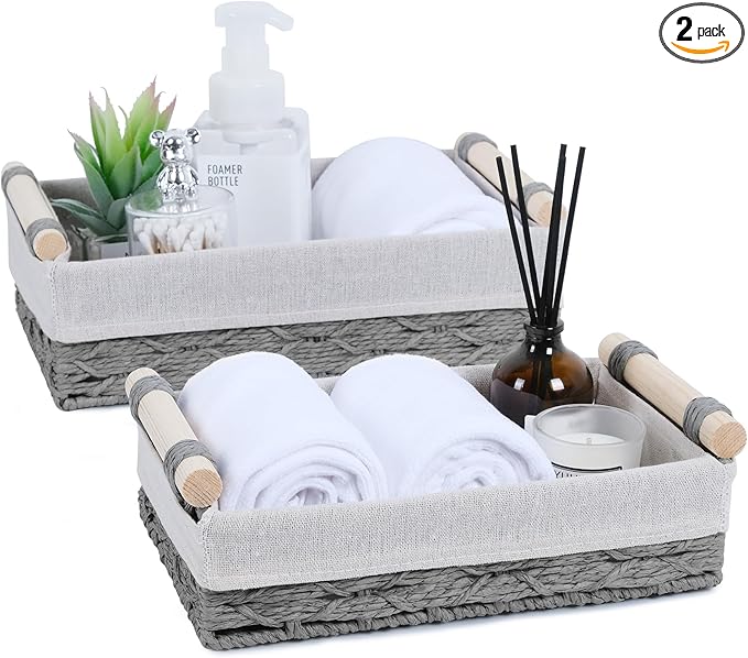 Wicker Storage Basket with Wooden Handle – Paper Rope Decorative Toilet Paper Baskets & Bathroom Organizer for Toilet Tank Top, Shelves, Bedroom, Countertop,Home,Office Storage Bins, 2 Pack,Grey